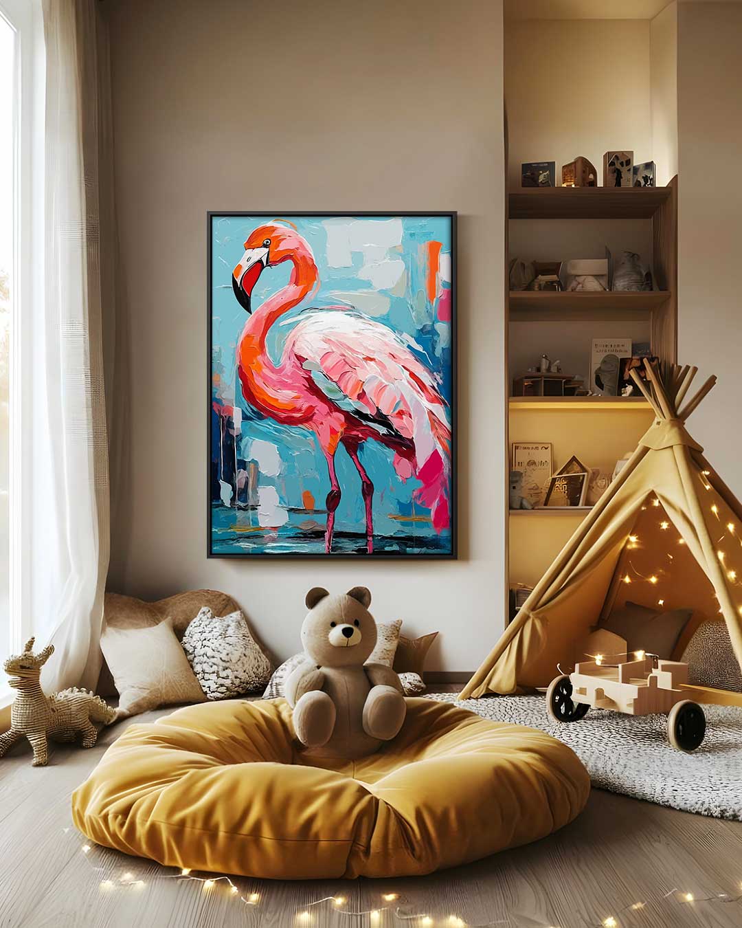 Opera d'arte con fenicottero in ambiente colorato