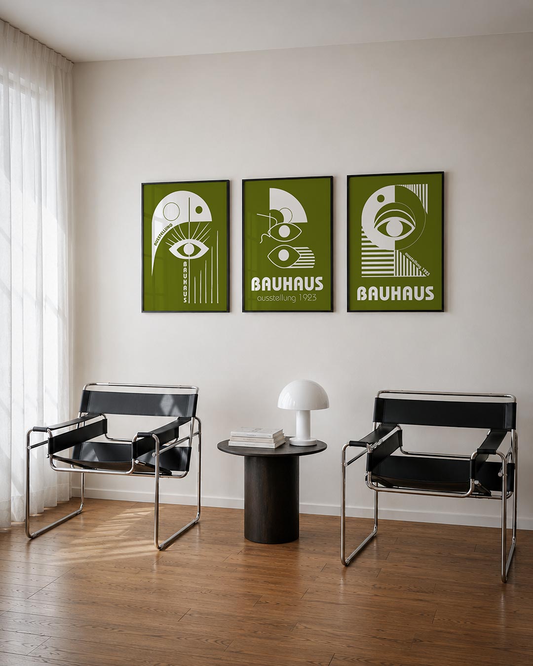 Oog en lijnen driedelige posterset – een speelse compositie met een groot oog centraal, omringd door strakke lijnen en