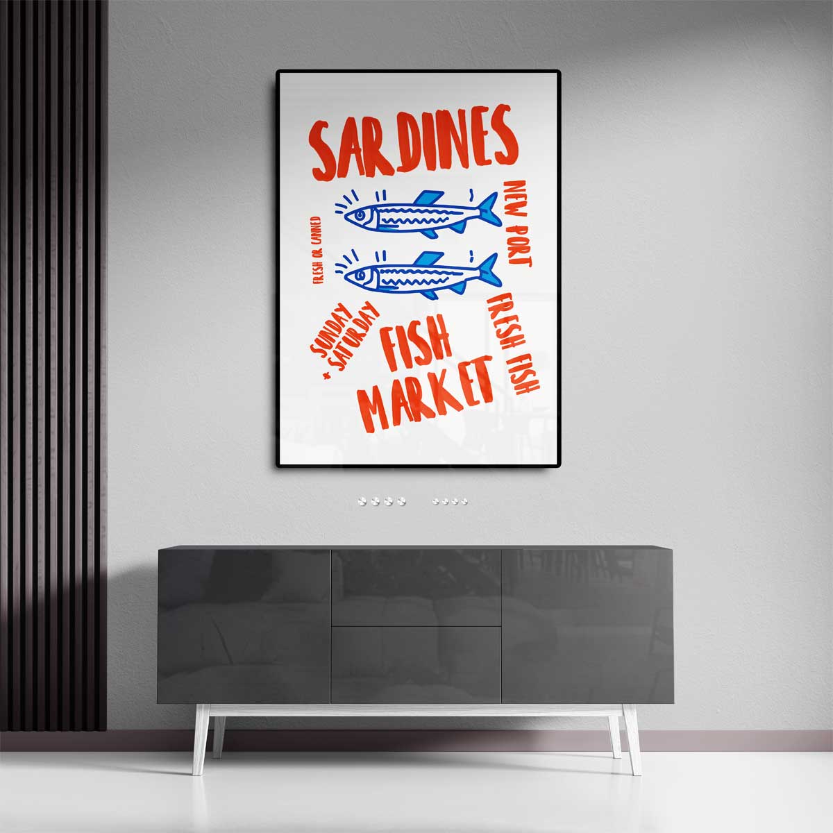 Retro Sardiens Vismarkt Poster – canvas kunstwerk als wanddecoratie