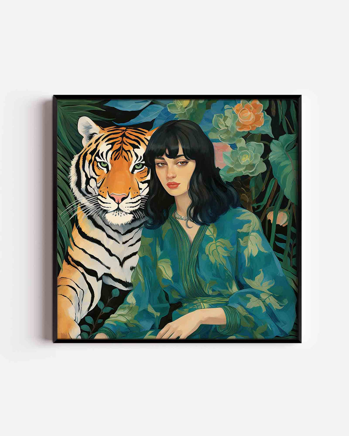 Vrouw en tijger – kleurrijke illustratie poster als wanddecoratie