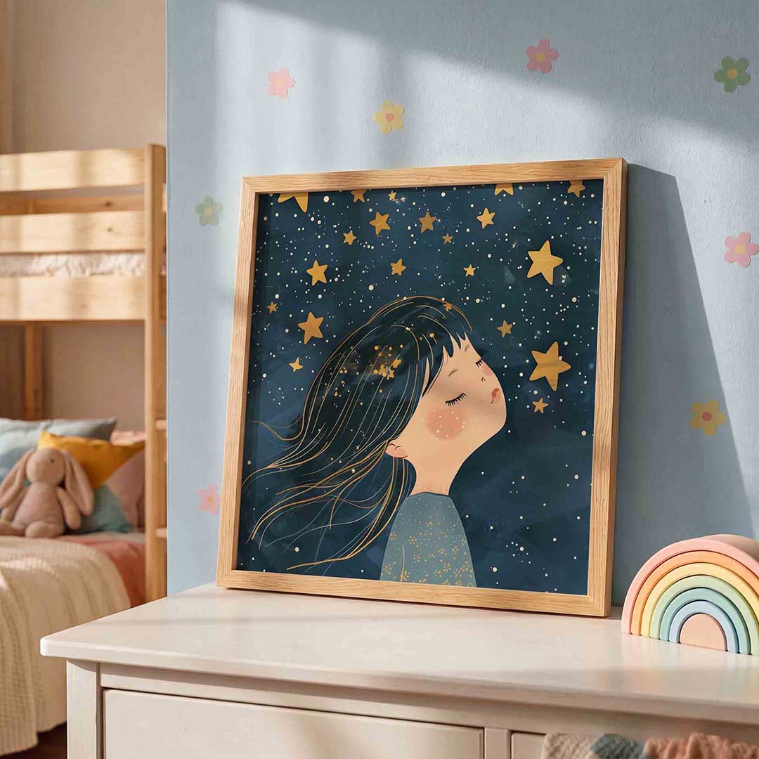 Meisje met sterren – speelse wandkunst als vierkante kinderposter