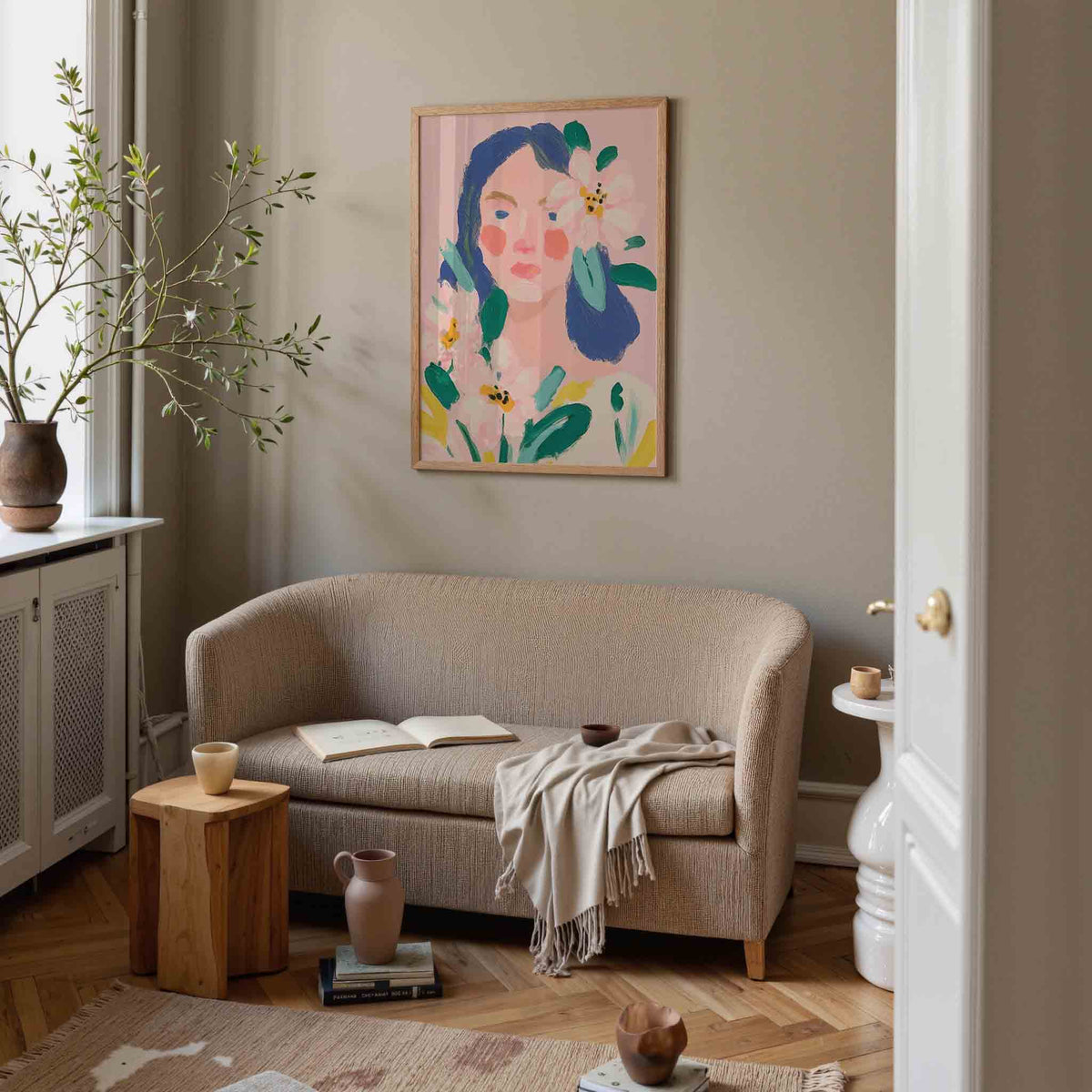 Bloemen en gezicht – pastel poster in staand formaat