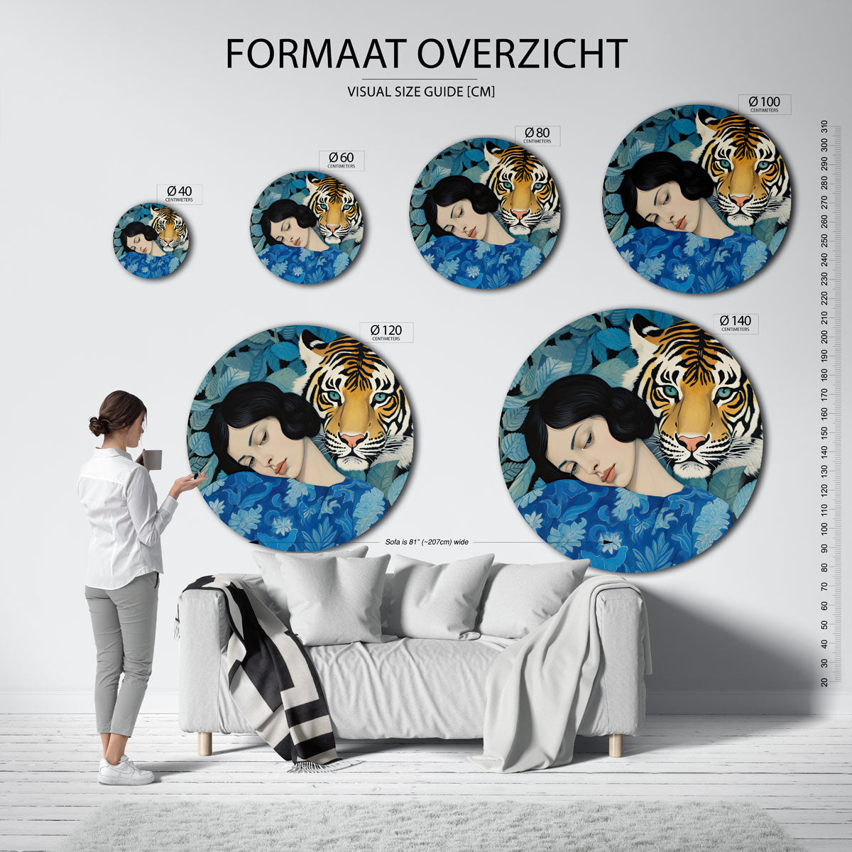 Vrouw en tijger – abstracte wandkunst met textuur als muurcirkel