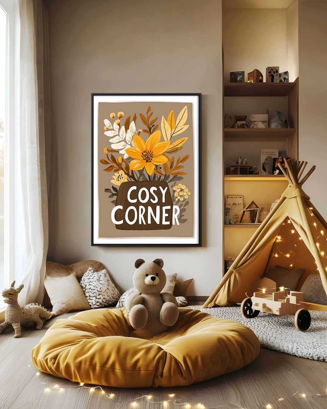Cosy Corner Bloemenillustratie – staand kunstwerk voor modern interieur