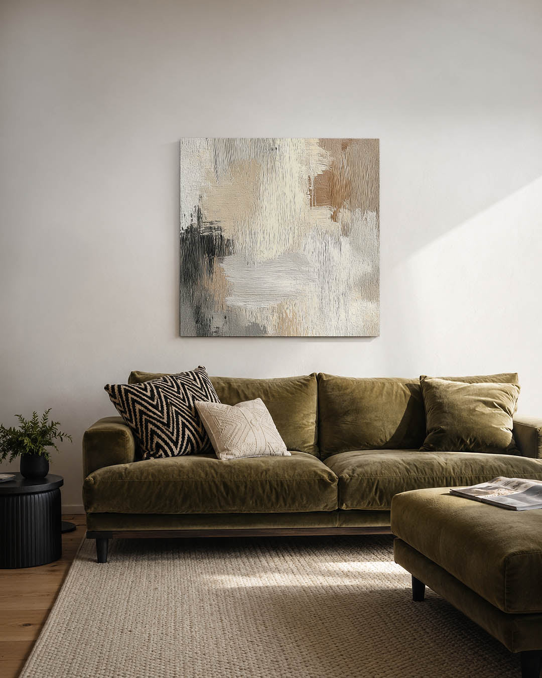 Zachte kleuren harmonie kunstwerk – derde productweergave – dit werk toont een subtiele mix van beige, wit en grijs. De