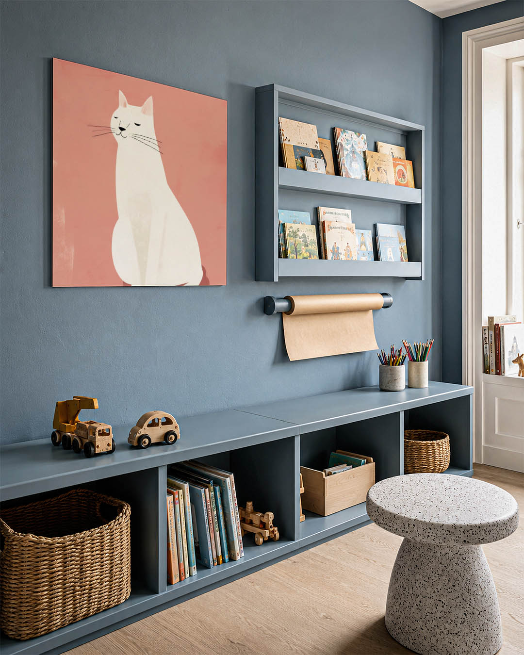 Gestileerde kat kunstwerk – detailweergave – dit werk toont een gestileerde kat tegen een zachte achtergrond. De eenvoudige