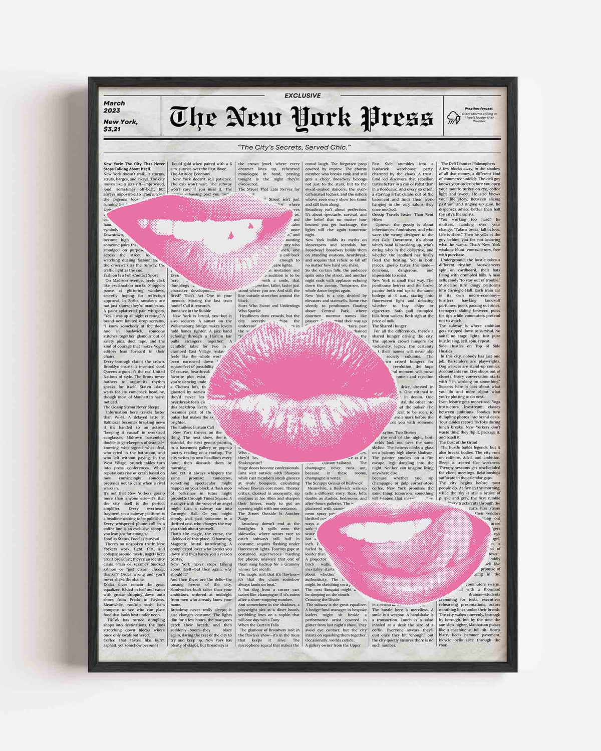 Roze lippen op krantenachtergrond – Pop Art portret poster als wanddecoratie