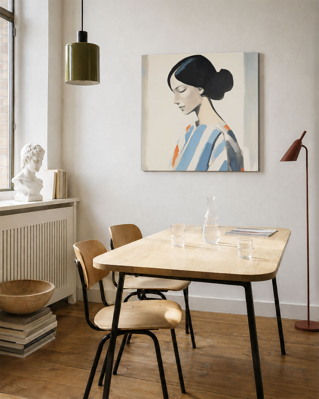 Gestileerde vrouw kunstwerk – vierkante wanddecoratie – dit werk toont een gestileerde vrouw in profiel met zachte lijnen en