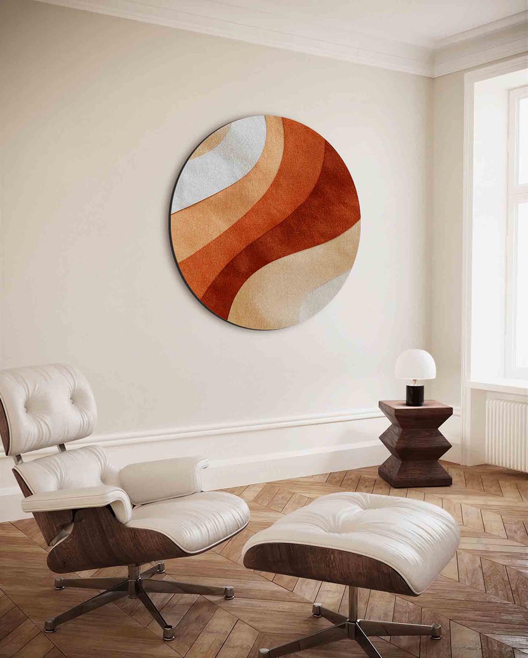 Golvende vormen – moderne ronde wanddecoratie met vrouwelijk portret
