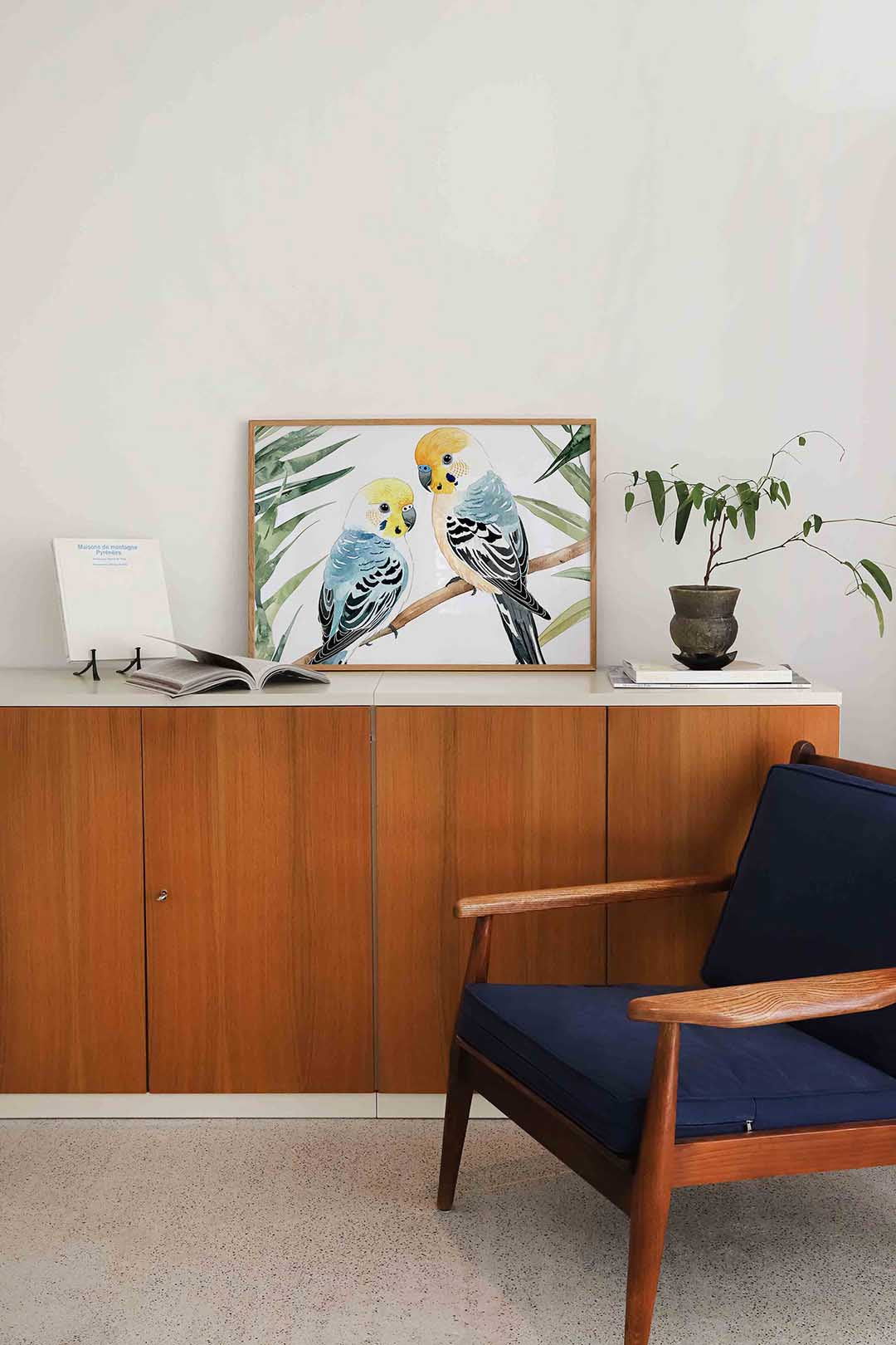 Parkieten op tak – liggende dieren wanddecoratie van WallArtistic