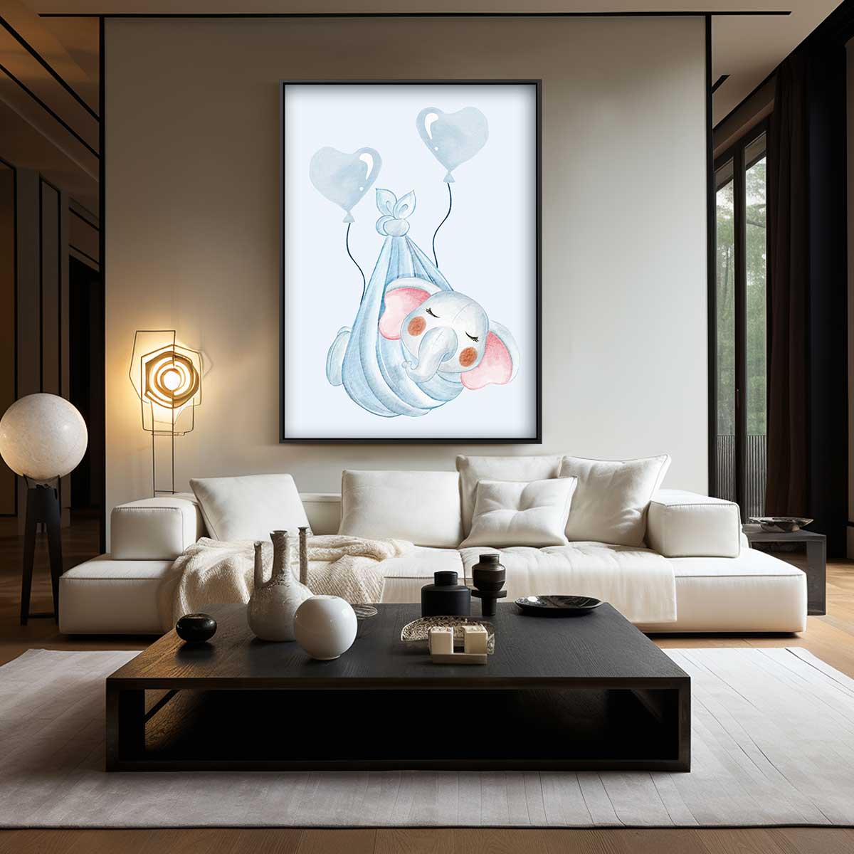 Dromerige Olifant met Ballonnen – canvas wanddecoratie in portret formaat