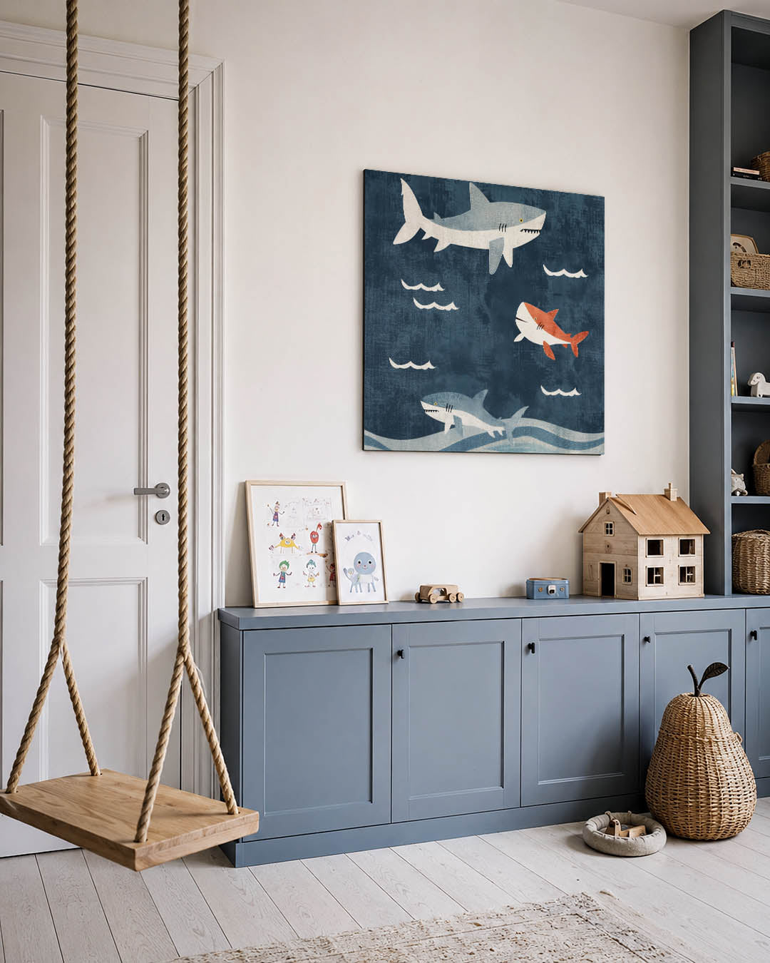Speelse haaien illustratie kunstwerk – vierkante wanddecoratie – dit werk toont drie haaien in een speelse compositie tegen