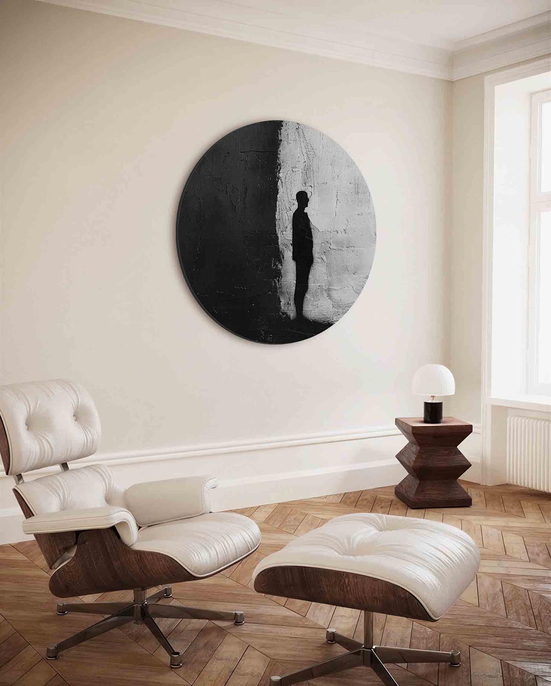 Silhouet in zwart en wit – moderne ronde wanddecoratie met vrouwelijk portret