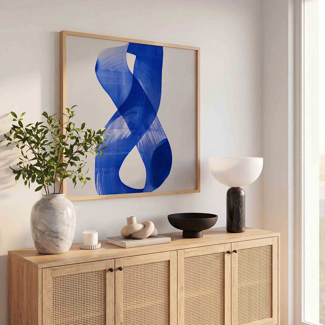 Abstracte blauwe vorm – kunst en design poster in vierkant formaat