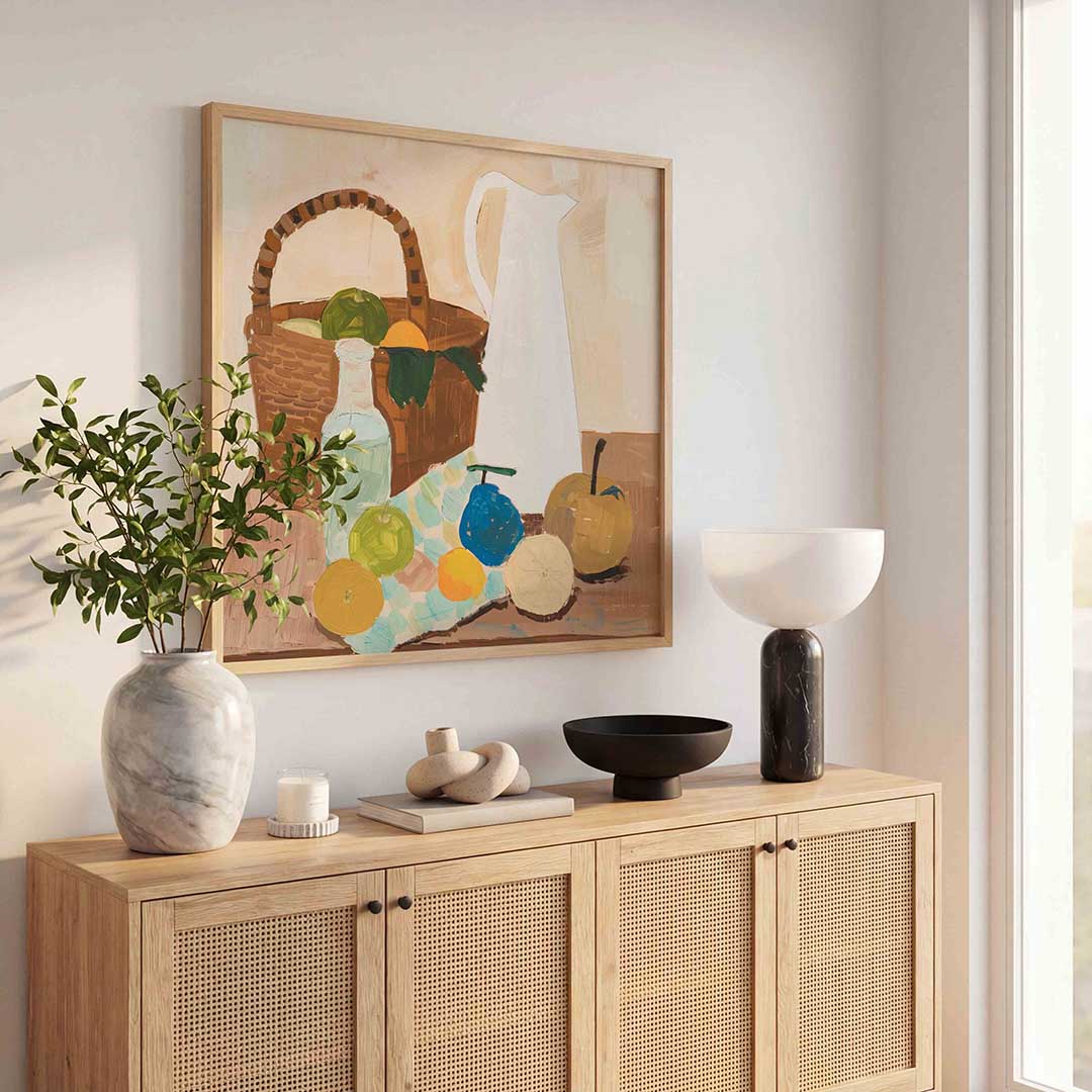 Stilleven met fruit en mand – kunst en design poster in vierkant formaat