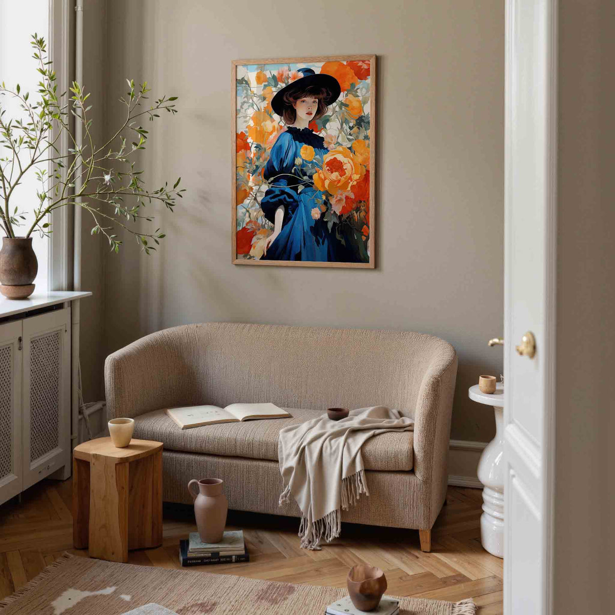 Vrouw met bloemen – botanische poster in staand formaat