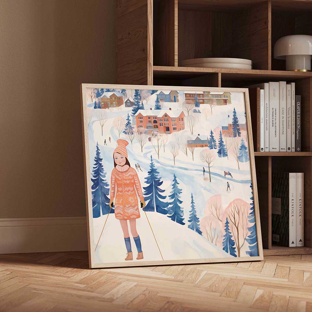 Winterlandschap met skiër – vierkante kerst wanddecoratie van WallArtistic