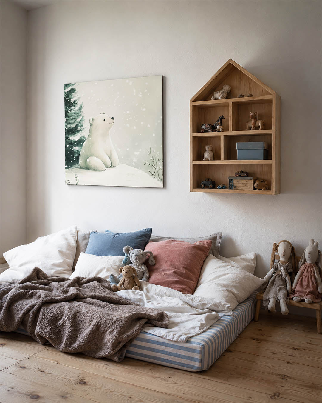 Dromerige ijsbeer kunstwerk – derde productweergave – een schattige ijsbeer zit in een winterlandschap, omringd door vallende