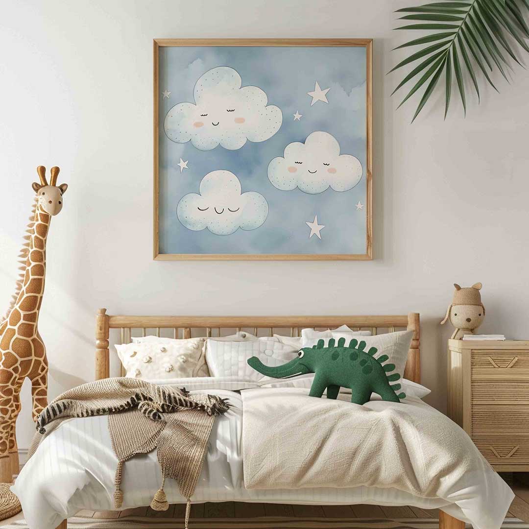 Lachende wolken en sterren – vierkante kinderkamer wanddecoratie van WallArtistic