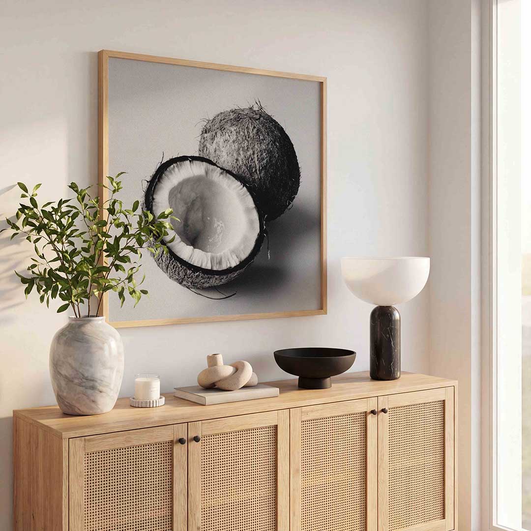 Kokosnoot zwart wit – tropische poster in vierkant formaat