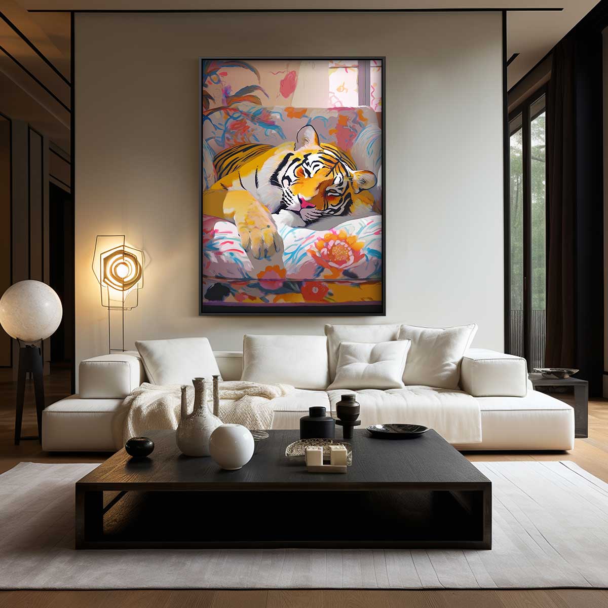 Luie Tijger Knus in Bloemenfauteuil – kunstwerk met zwarte baklijst