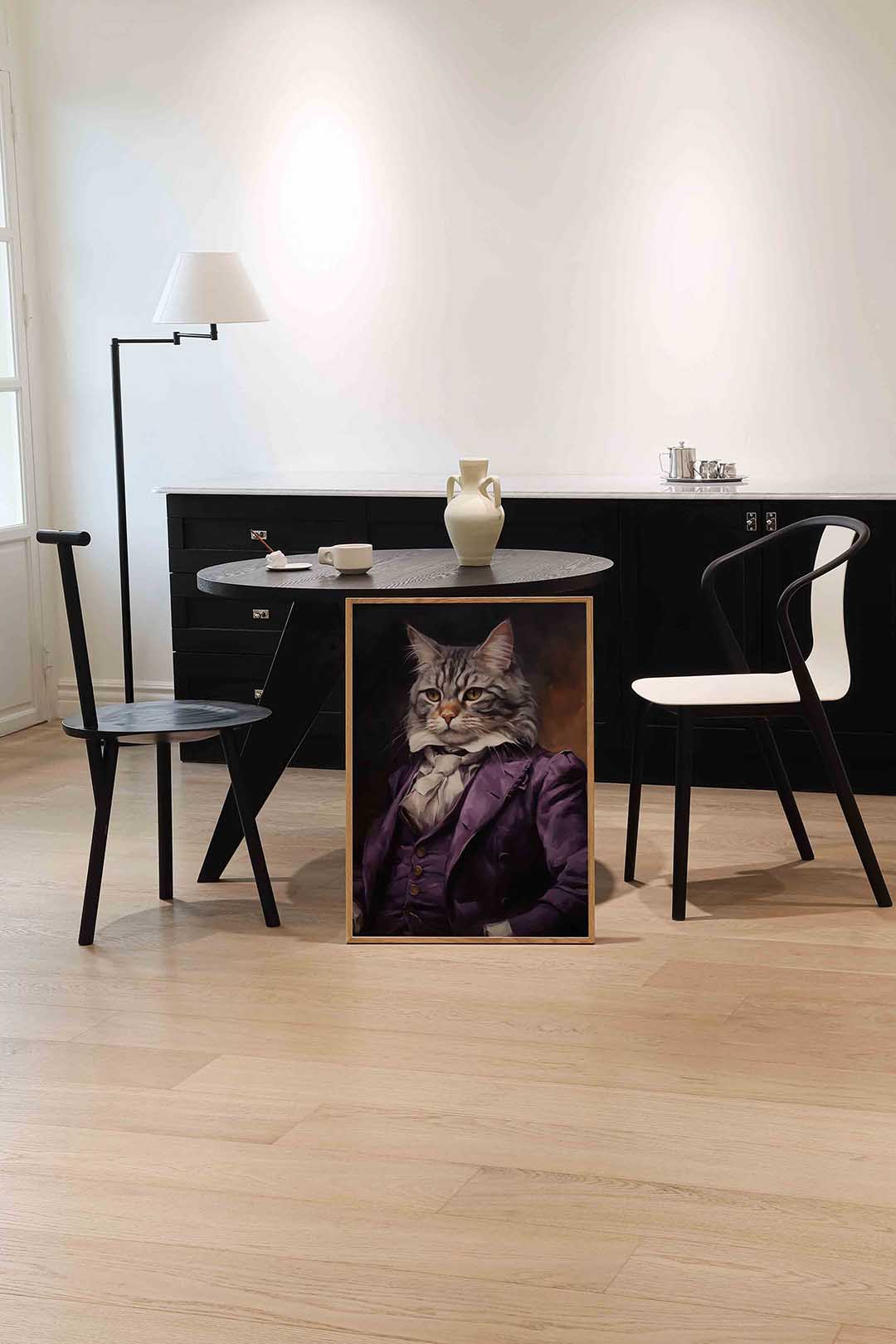 Kat in paars kostuum – moderne wandkunst als portret poster