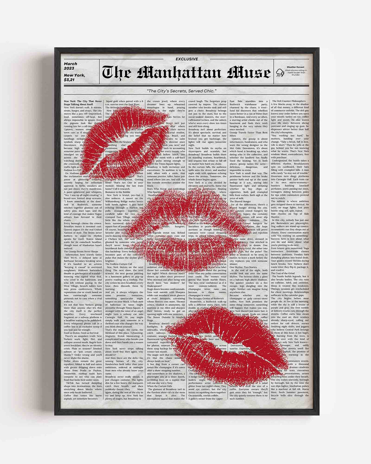 Rode lipafdrukken op krantenachtergrond – Pop Art portret poster als wanddecoratie