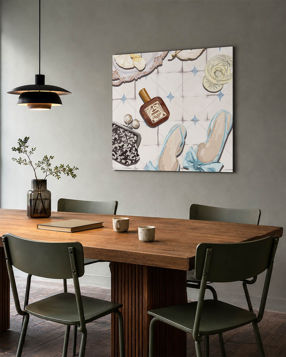 Elegante tafelscène kunstwerk – tweede productweergave – dit kunstwerk toont een tafelscène met objecten zoals een
