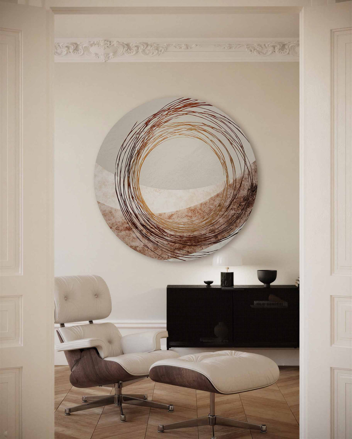 Abstracte lijnen – portret muurcirkel als ronde muurdecoratie