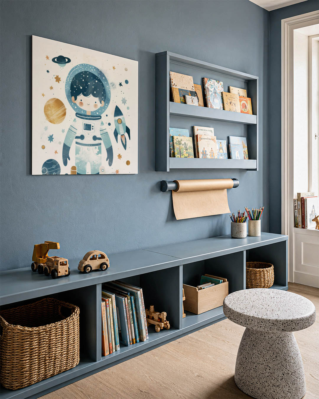 Speelse ruimte illustratie kunstwerk – detailweergave – dit werk toont een vrolijke figuur omringd door hemellichamen. De