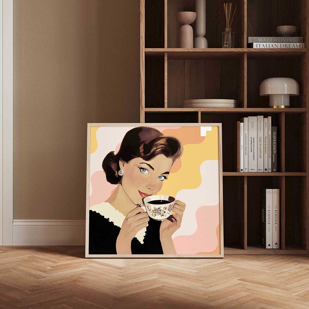 Vrouw met kopje – kleurrijke Pop Art poster in vierkant formaat