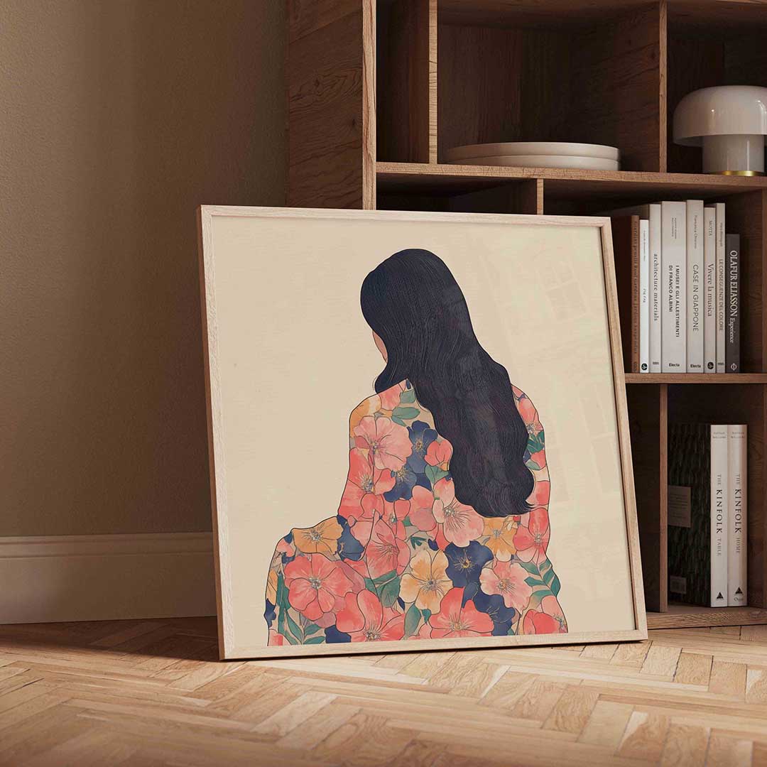Vrouw met bloemenpatroon – vierkante moderne wanddecoratie van WallArtistic