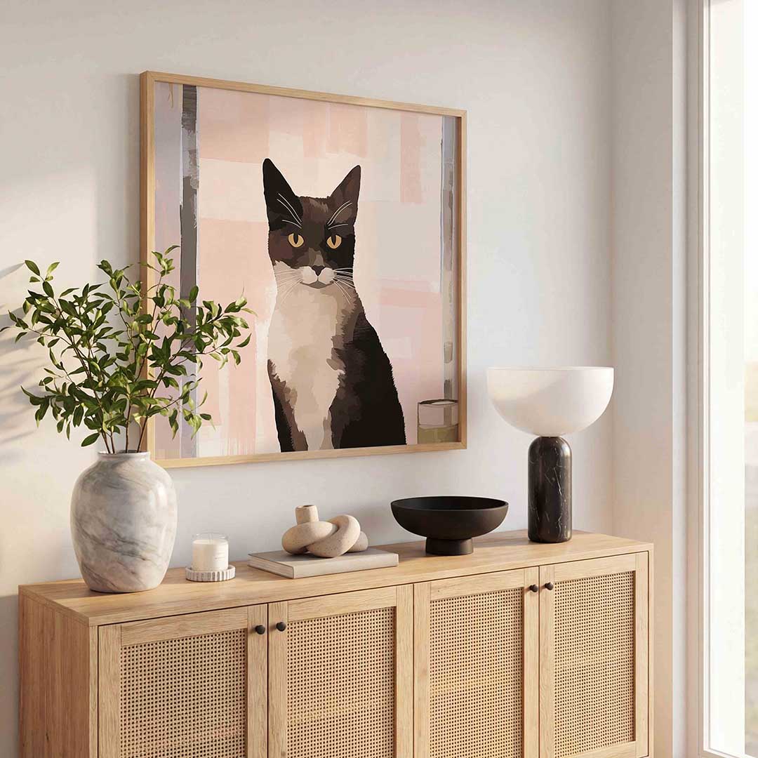 Kat met roze achtergrond – kunst en design poster in vierkant formaat