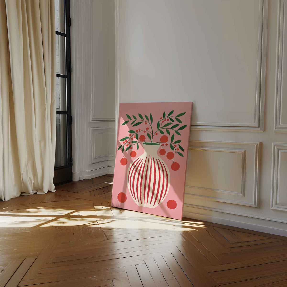 Speels Stilleven met Vaas en Bessen – dibond kunstwerk als wanddecoratie