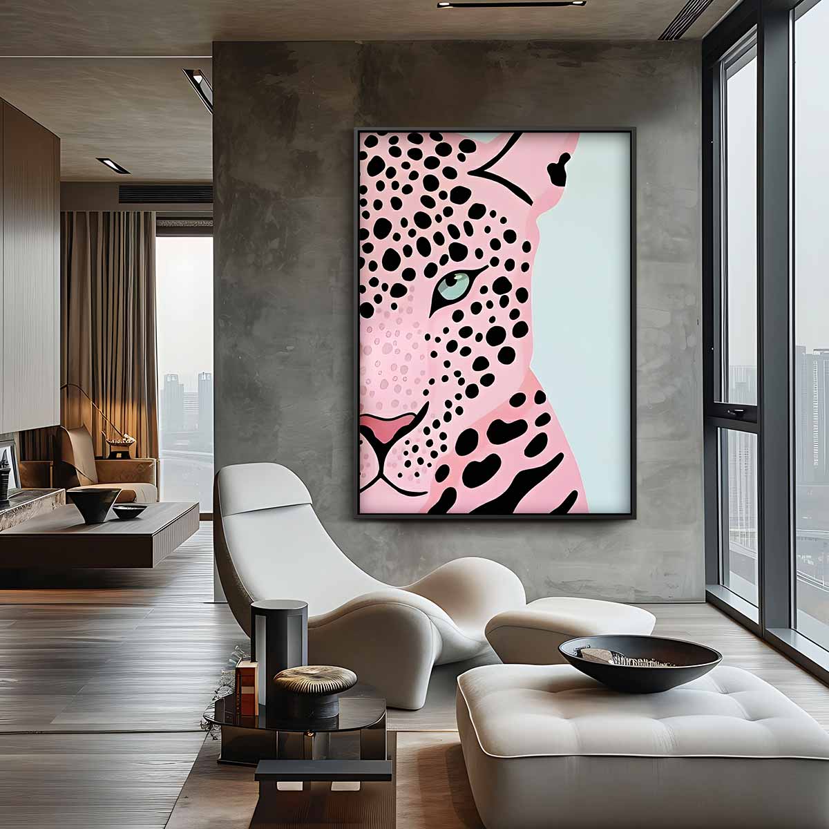 Roze Luipaard Pop Art – staande wandkunst voor woonkamer of interieur