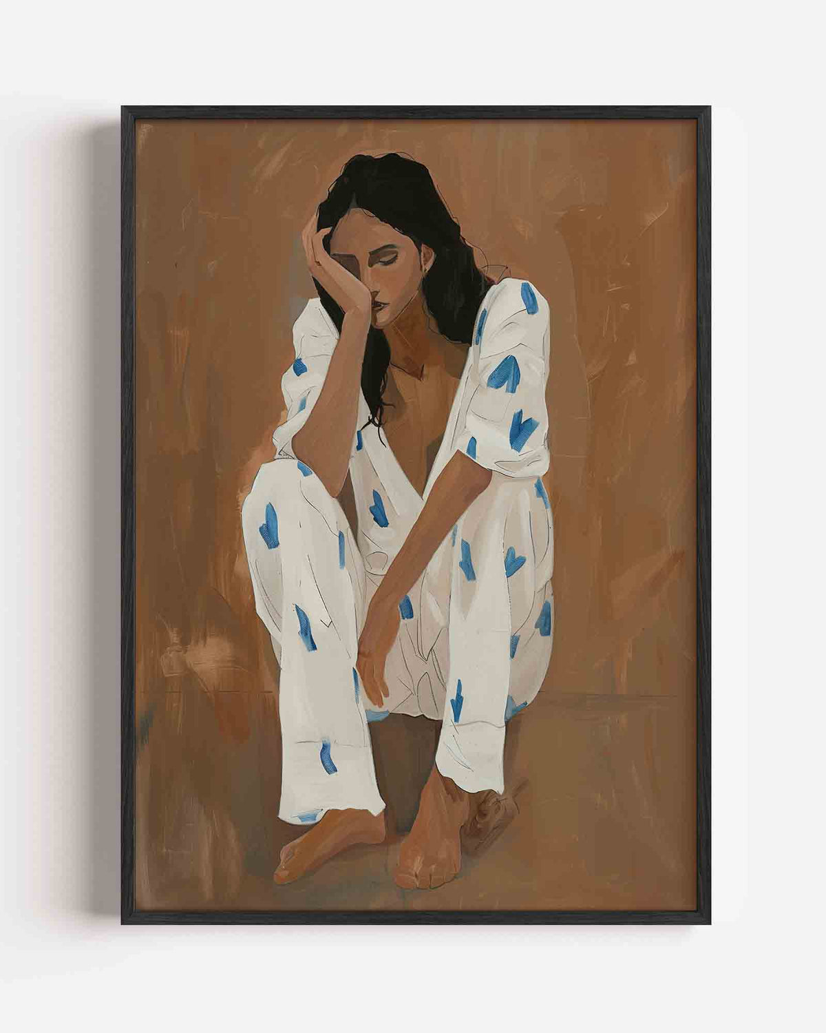 Zittende figuur met blauwe accenten – hedendaagse illustratie portret poster als wanddecoratie