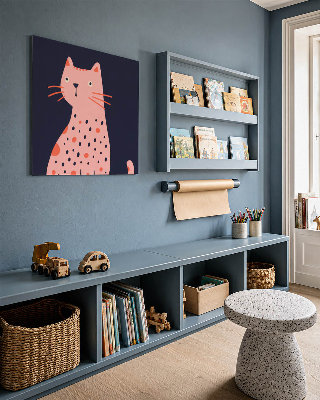 Speelse kat illustratie kunstwerk – detailweergave – dit werk toont een speelse kat met een roze lichaam en oranje accenten