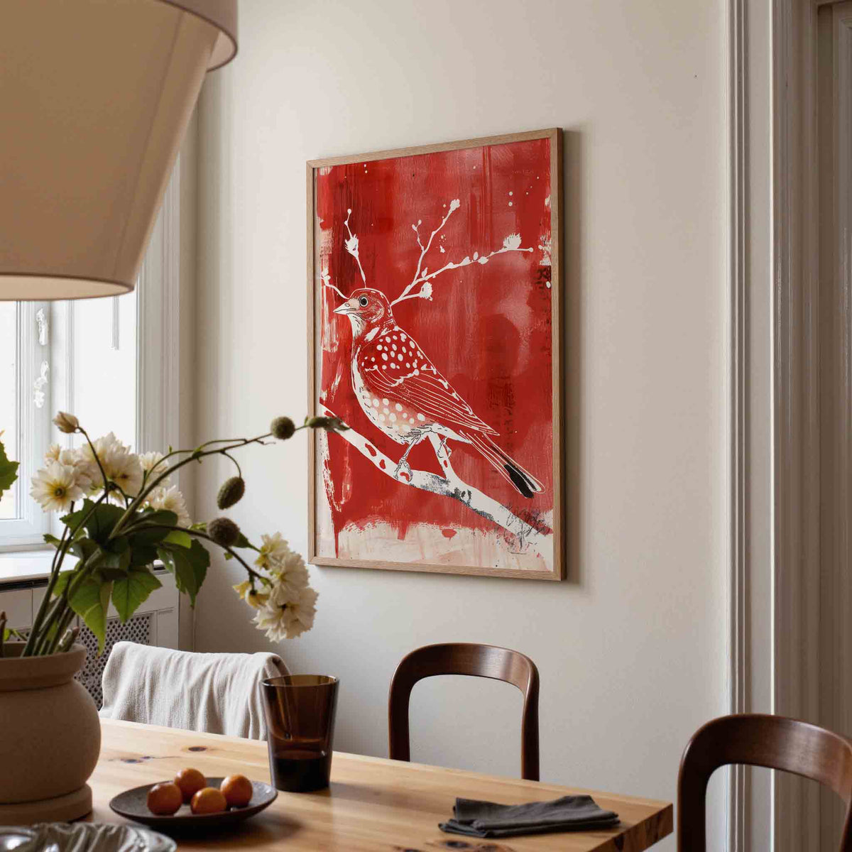 Vogel op tak – kunst en design poster in portret formaat