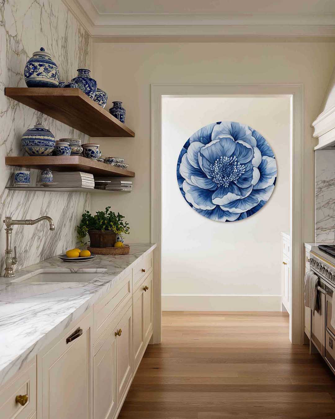 Blauwe bloem – kleurrijke Pop Art muurcirkel voor aan de muur