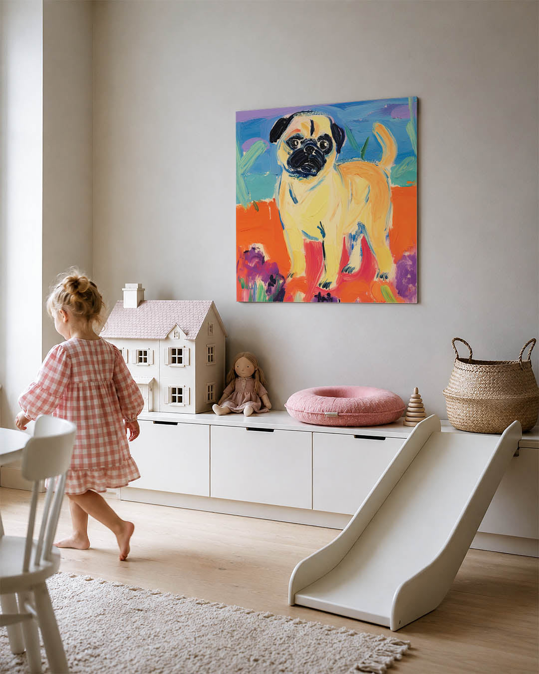 Kleurrijke hond kunstwerk – tweede productweergave – dit werk toont een hond in levendige kleuren. De achtergrond heeft
