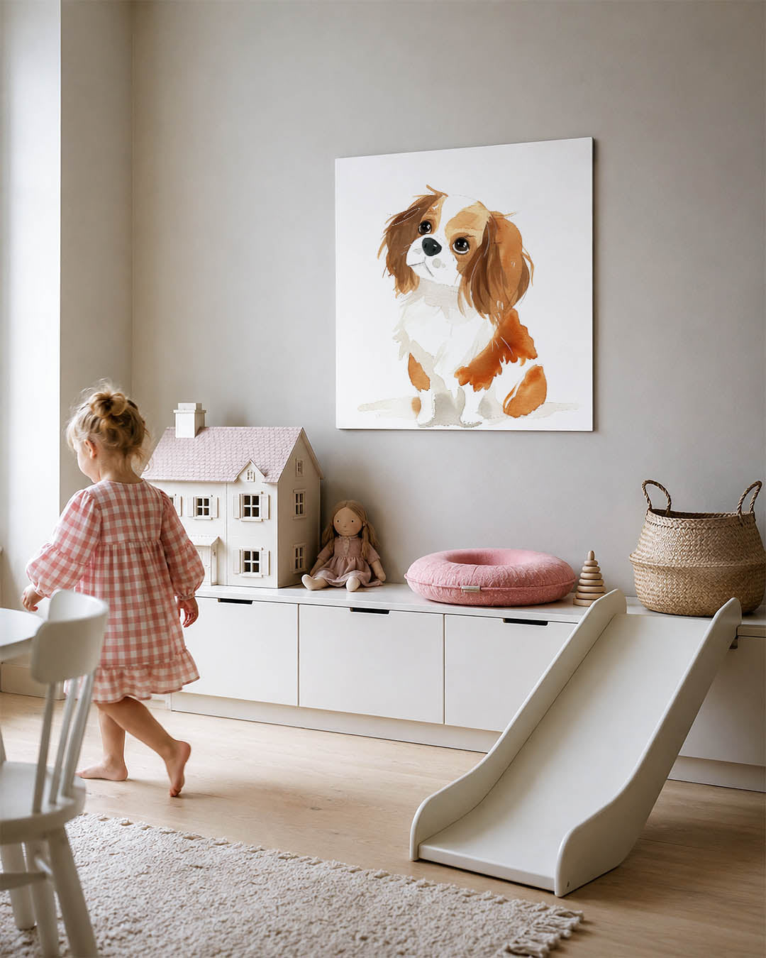 Speelse hondenillustratie kunstwerk – tweede productweergave – dit kunstwerk toont een schattige hond met grote ogen en lange