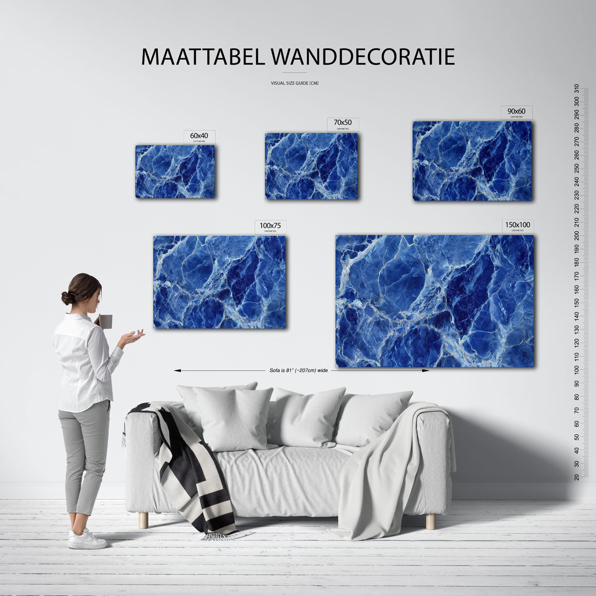 Blauwe marmerstructuur – moderne liggende wandkunst