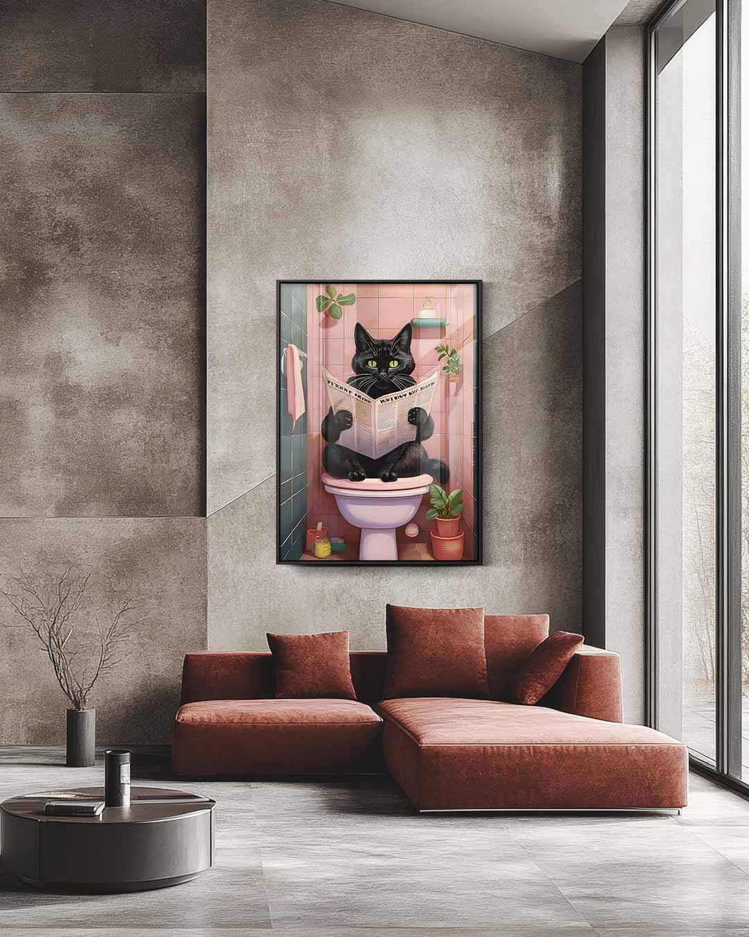 Kat Met Krant in de Badkamer – staande wandkunst voor woonkamer of interieur