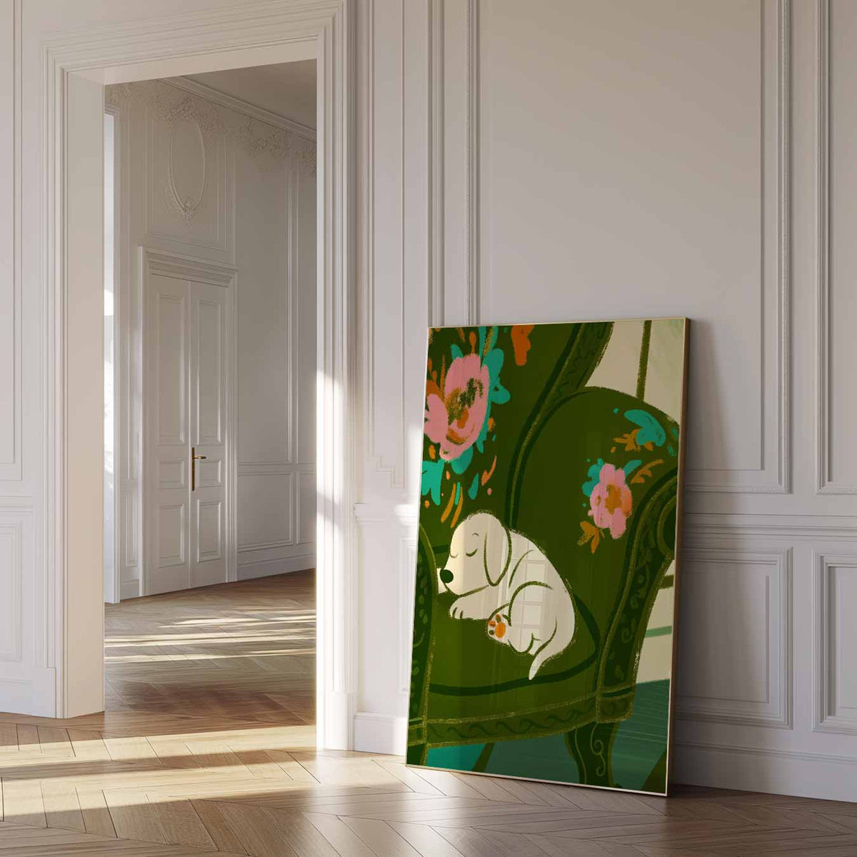 Slapende Puppy op Bloemenstoel – dierenposter als moderne staande wanddecoratie