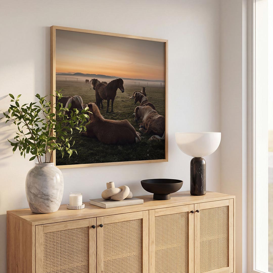 Rustige paardenweide poster – tweede productweergave – een weide met paarden in rust, omgeven door een ochtendnevel en een