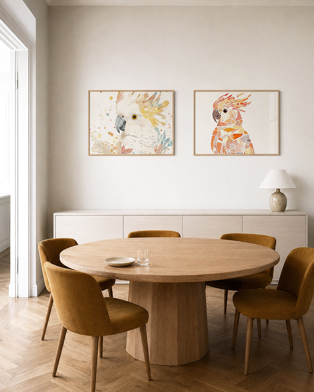 Twee liggende posters met een speelse vogel met kleurrijke vlekken en zachte lijnen, aan de muur in een interieur