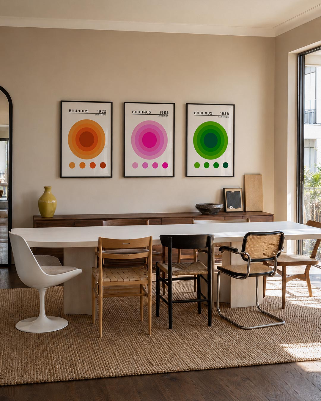 Cirkelritme oranje posterset – tweede productweergave – deze posterset in drie delen toont een grote oranje cirkel met