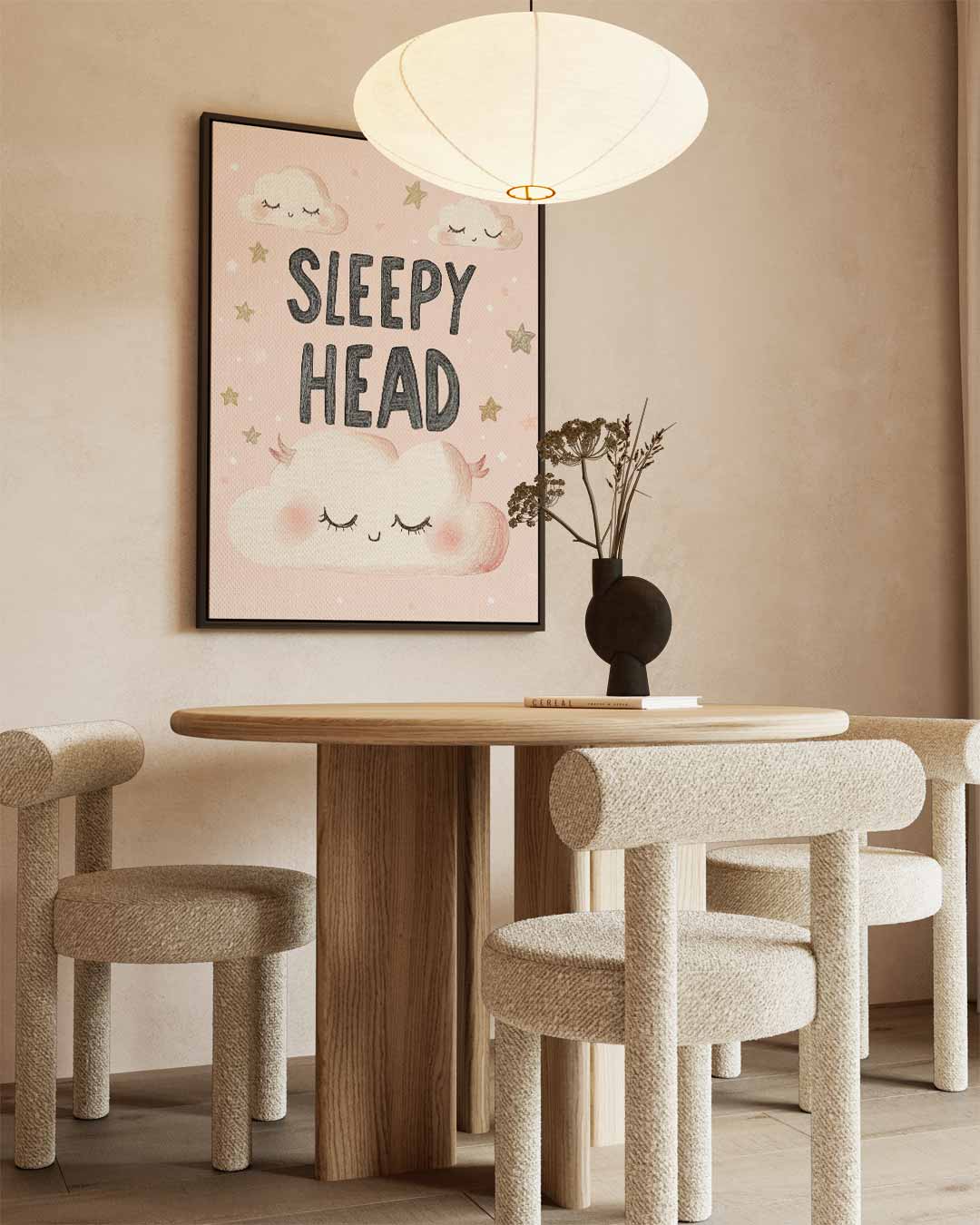 Slaperige Wolkjes Poster – kunstwerk met zwarte baklijst