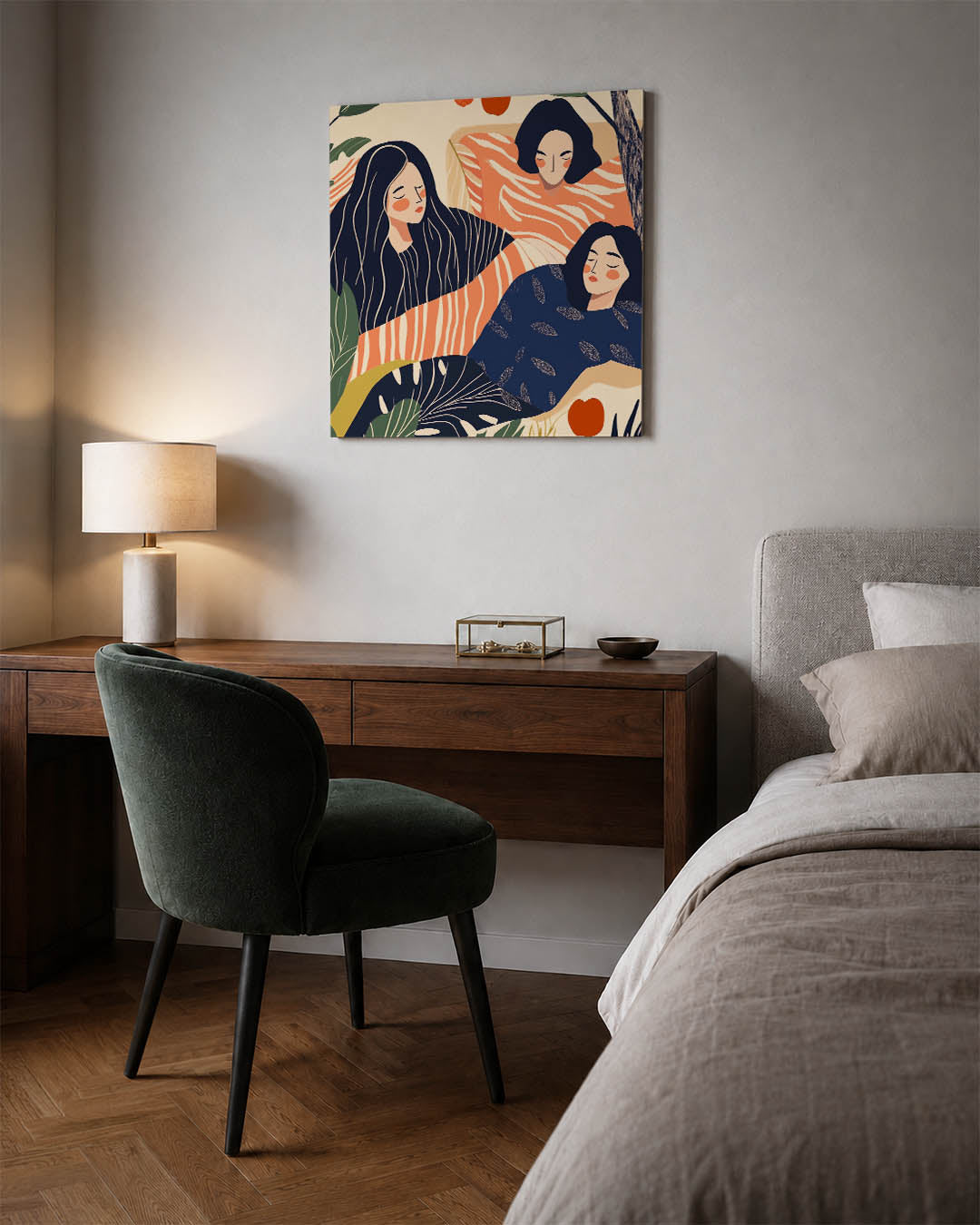 Dromerige figuren kunstwerk – materiaalweergave – dit kunstwerk toont drie figuren in een compositie met vloeiende lijnen en