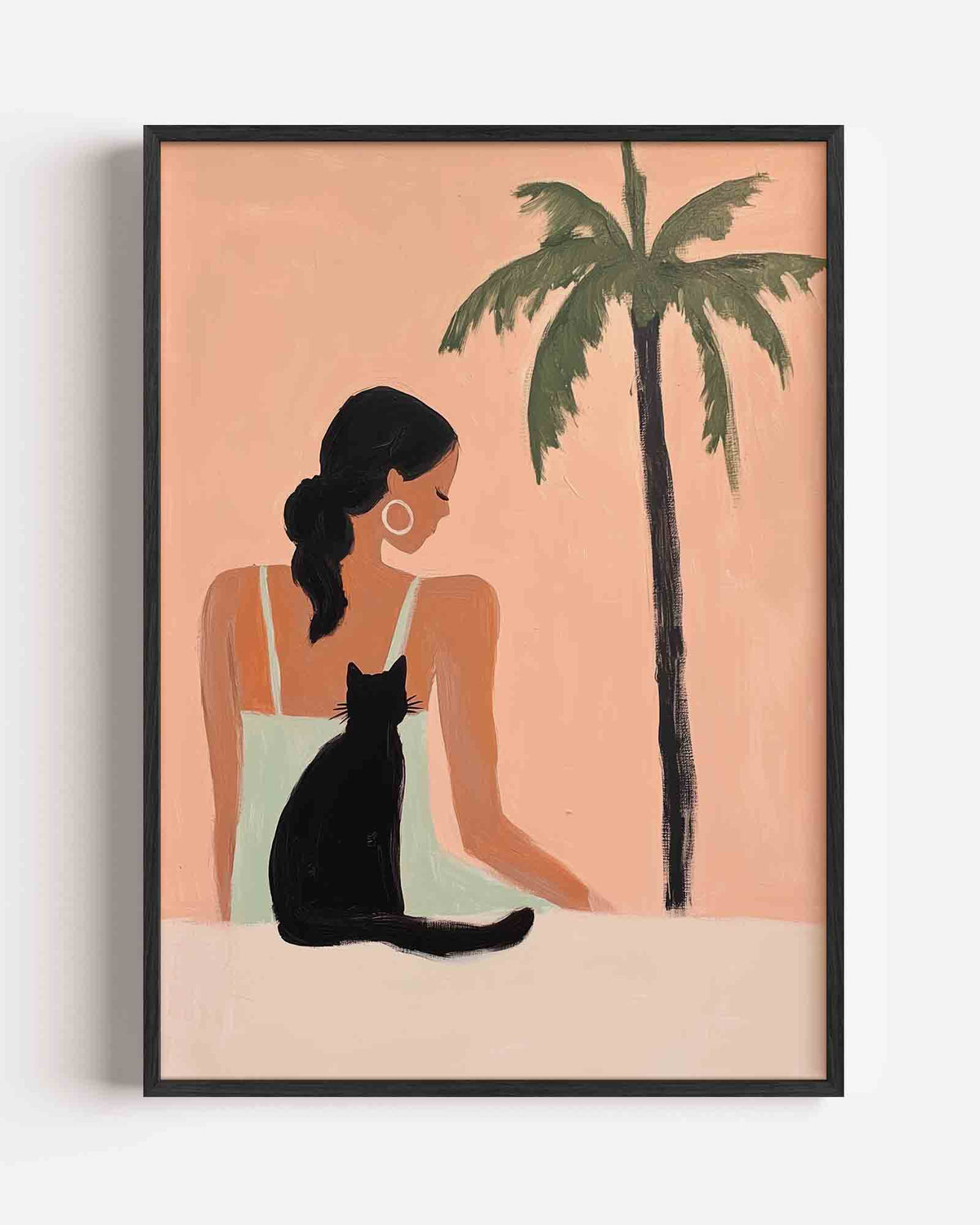 Vrouw met kat en palmboom – jungle portret poster als wanddecoratie